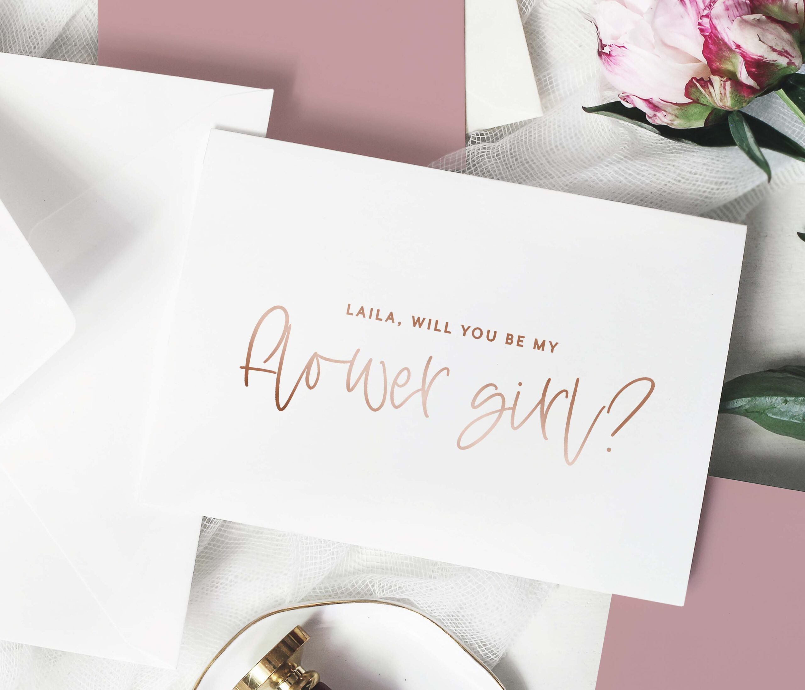 flower girl proposal card with rose gold foil