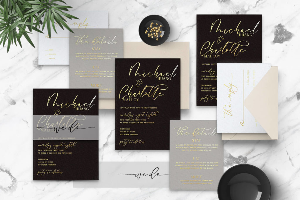 Foil stamped wedding invitation suite - black and gold with cream accents