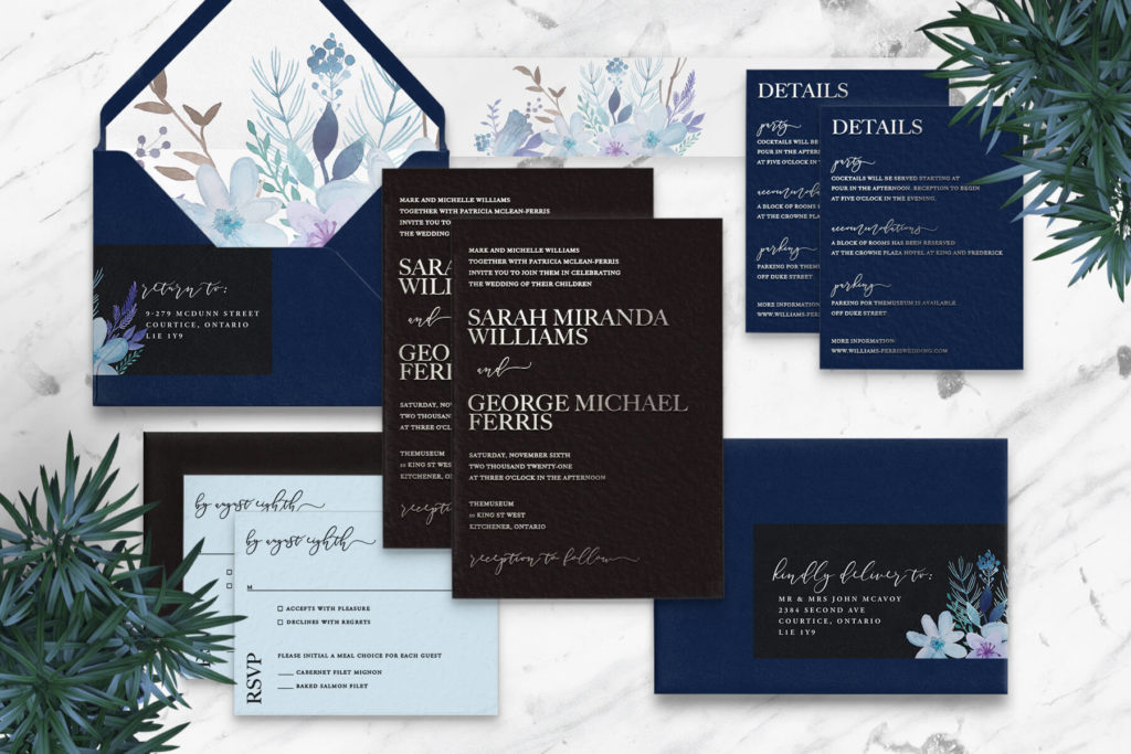 Foil stamped wedding invitation suite — blue, black and silver