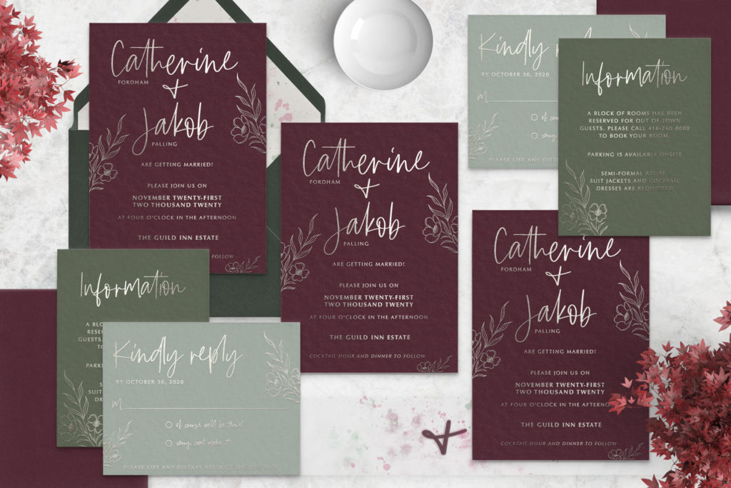 Foil stamped wedding invitation suite - forest and wine with solver foil
