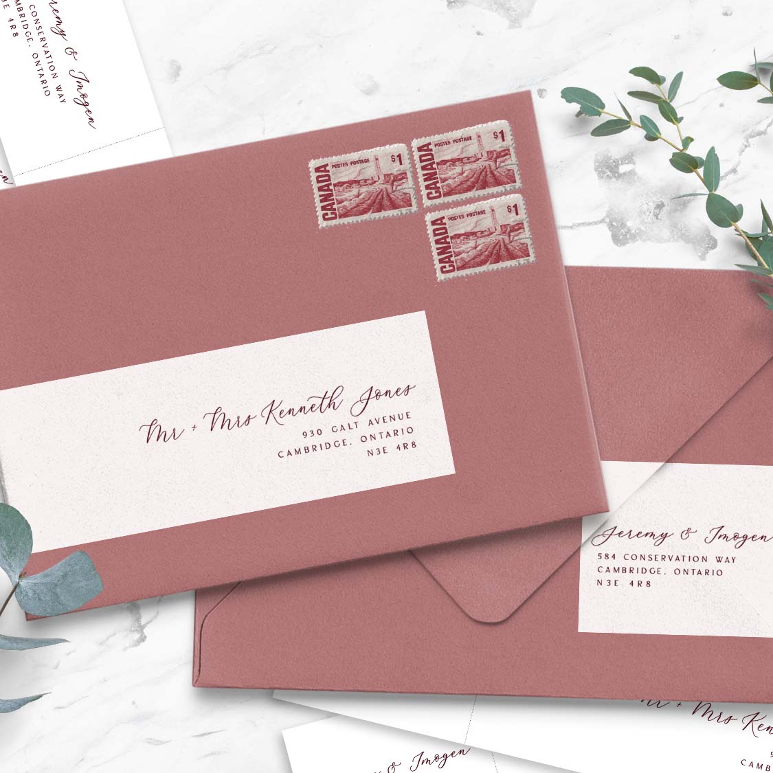 pink wedding invitation envelope with white address wraparound label