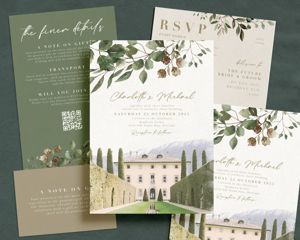 Digital printing on wedding invitation - watercolour venue illustration in green tones