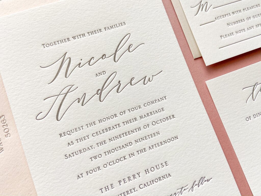 Letterpress printing for wedding invitations - white and cream cards with grey ink