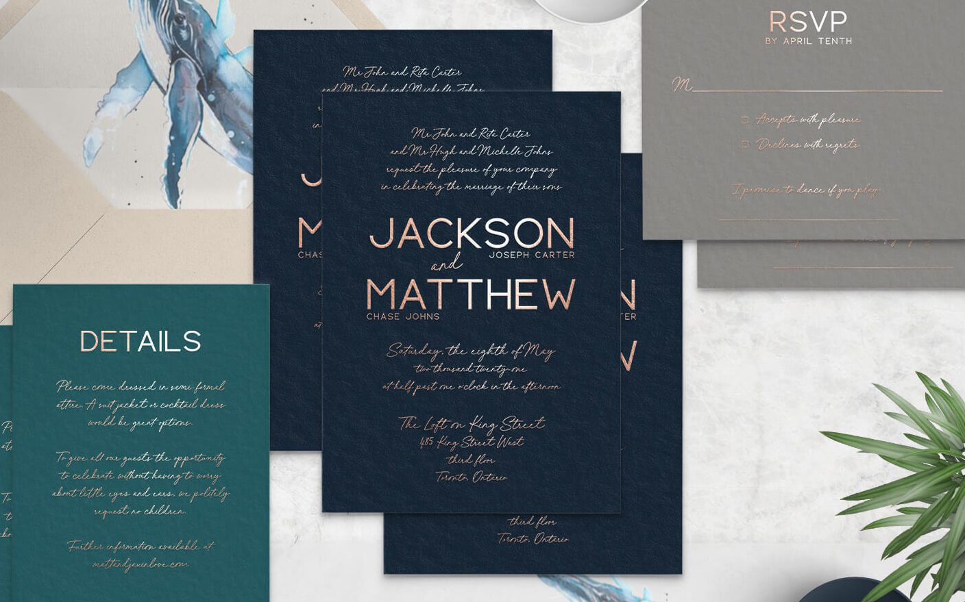 Foil stamped wedding invitation suite - rose gold and deep sea
