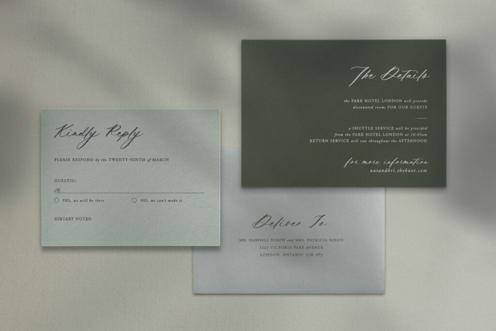 Additional cards for a custom wedding invitation suite, in save green and seedling green ith white ink