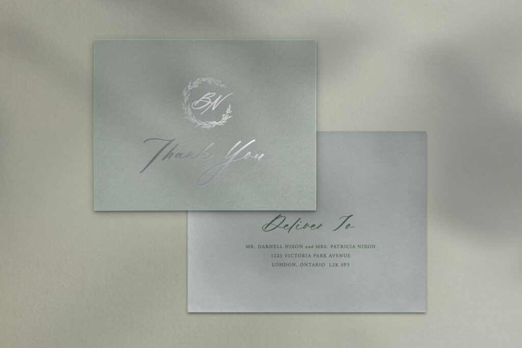 Silver foil thank you card on sage green card